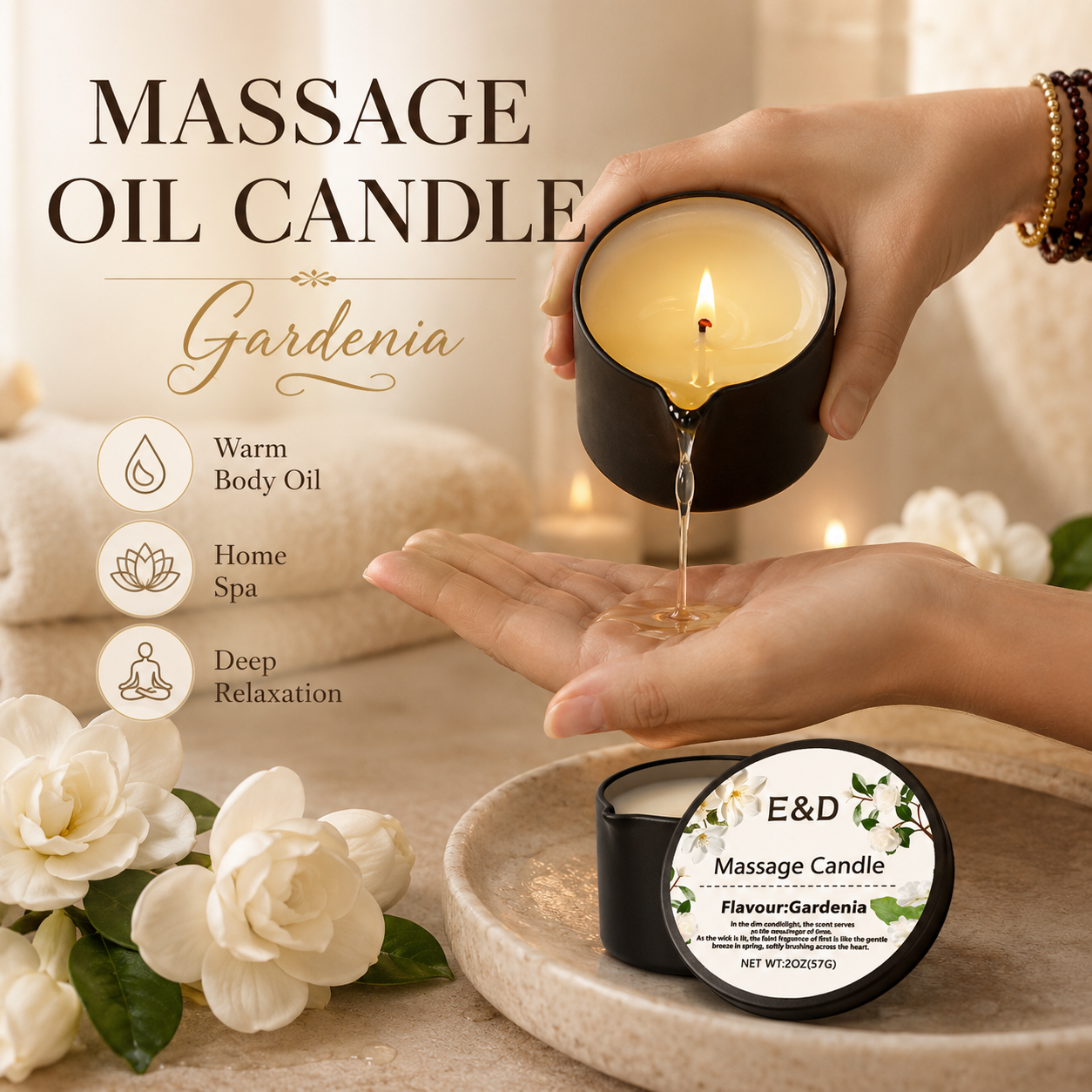 Massage Candle Melting - Gardenia Massage-Ölkerze 2oz, Körpermassagekerze, die sich