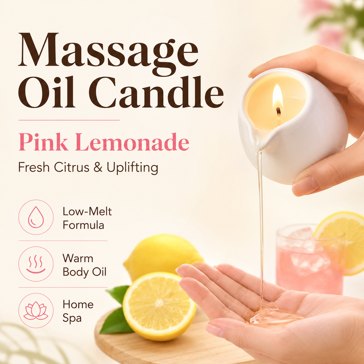 Massage Candle Melting - Keramik-Massageöl-Kerze Rosa Limonade Frischer Zitrusduft Niedrigschmelzende