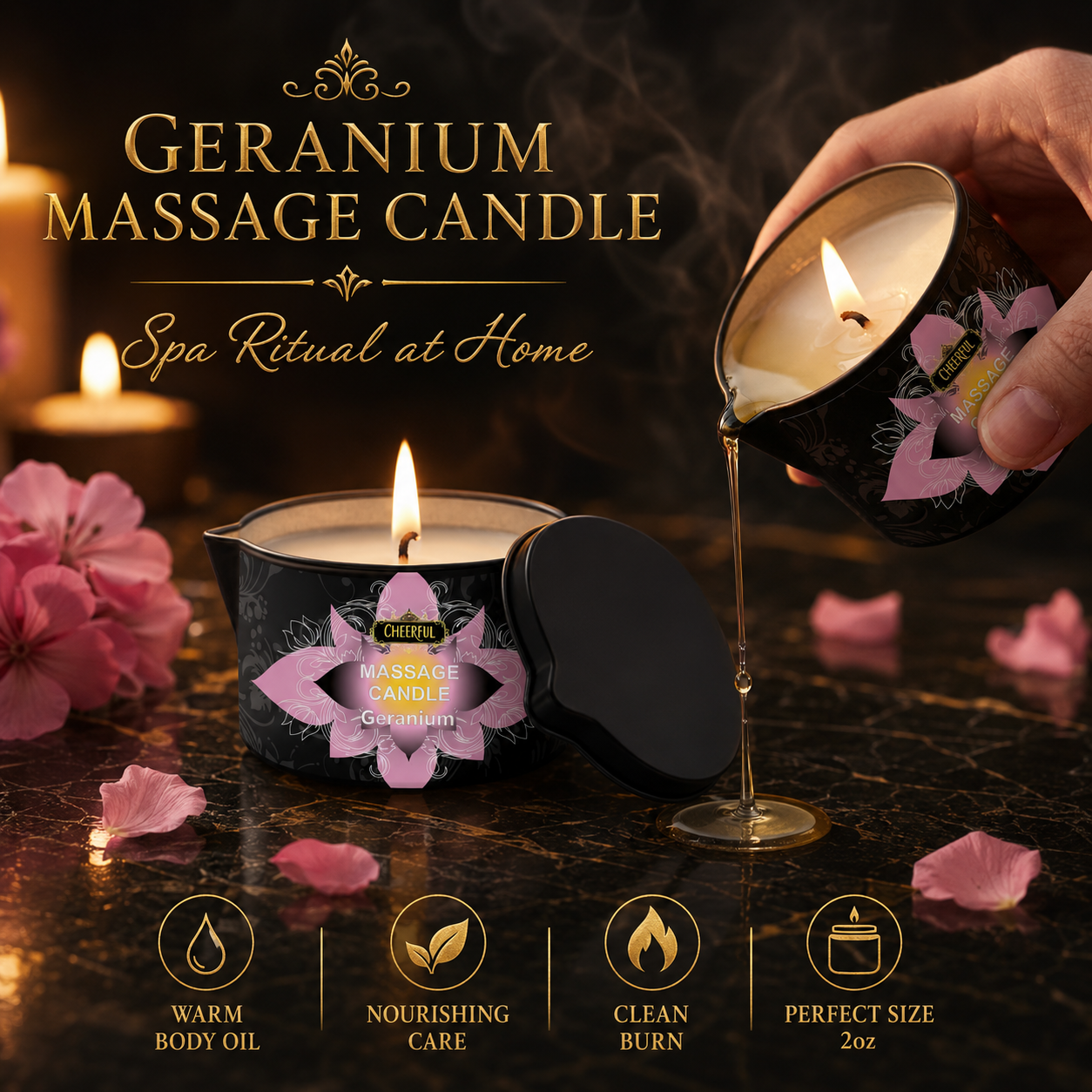 Massage Candle Melting - Geranium Massage-Ölkerze 2oz Körpermassagekerze, die sich
