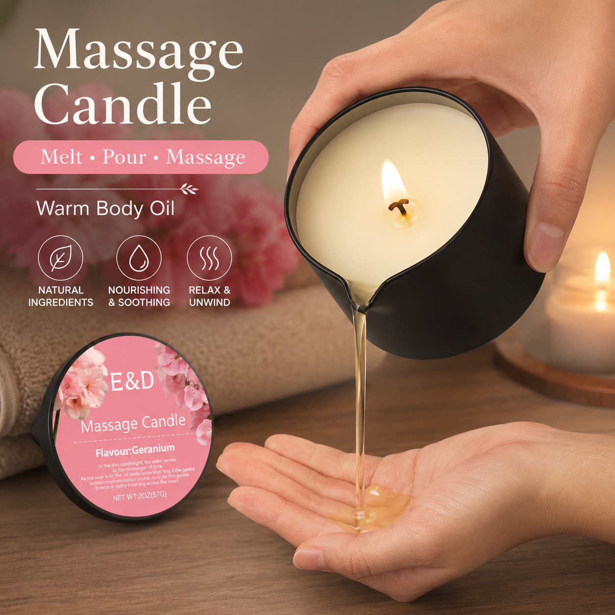 Massage Candle Melting - Geranium Massage-Ölkerze 2oz, Körpermassagekerze, die sich
